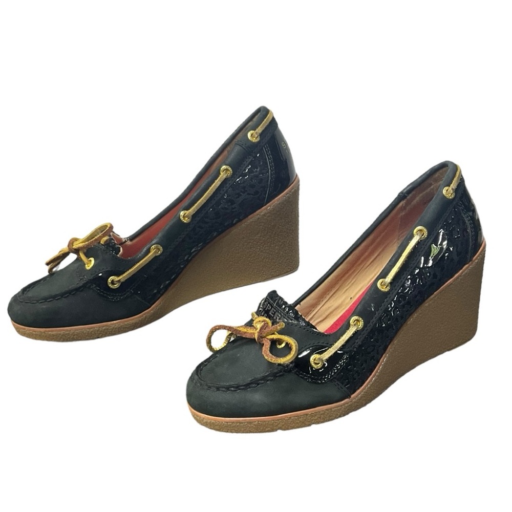 ⚓️ Sperry Wedge Heels 7.5 👠 Boat Shoe Style w/ Rope Laces & Patent Trim‎ 💛